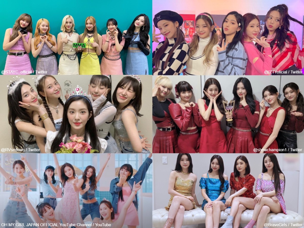 STAYC（左上）、ITZY（右上）、Red Velvet（中段左）、IVE（中段右）、OH MY GIRL（左下）、Brave Girls（右下）