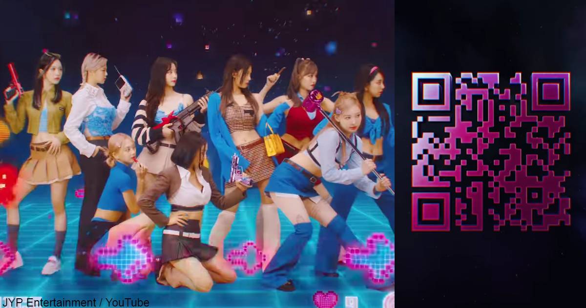 TWICE（左）、「Talk that Talk」MVに登場するQRコード（右）